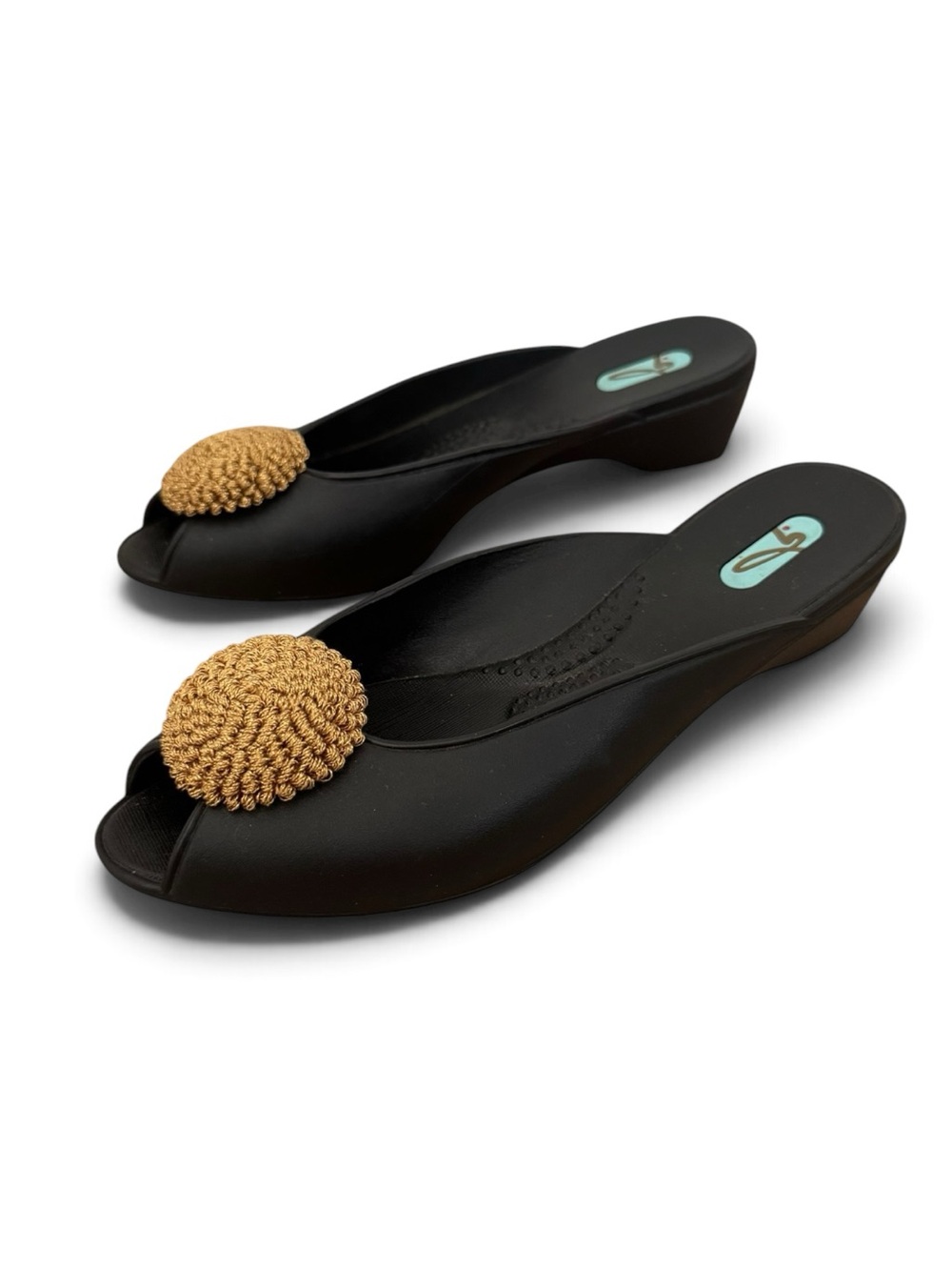 Oka b. Peep Toe Wedge Slide Sandals Black Gold Pom Poms